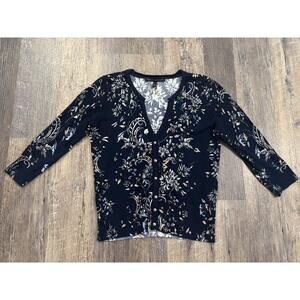 White House Black Market Navy Floral Cardigan Sweater V-Neck 3/4 Sleeve Small